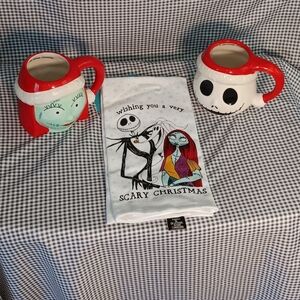 Disney Nightmare Before Christmas Jack & Sally Ceramic Mugs With Kitchen Towel